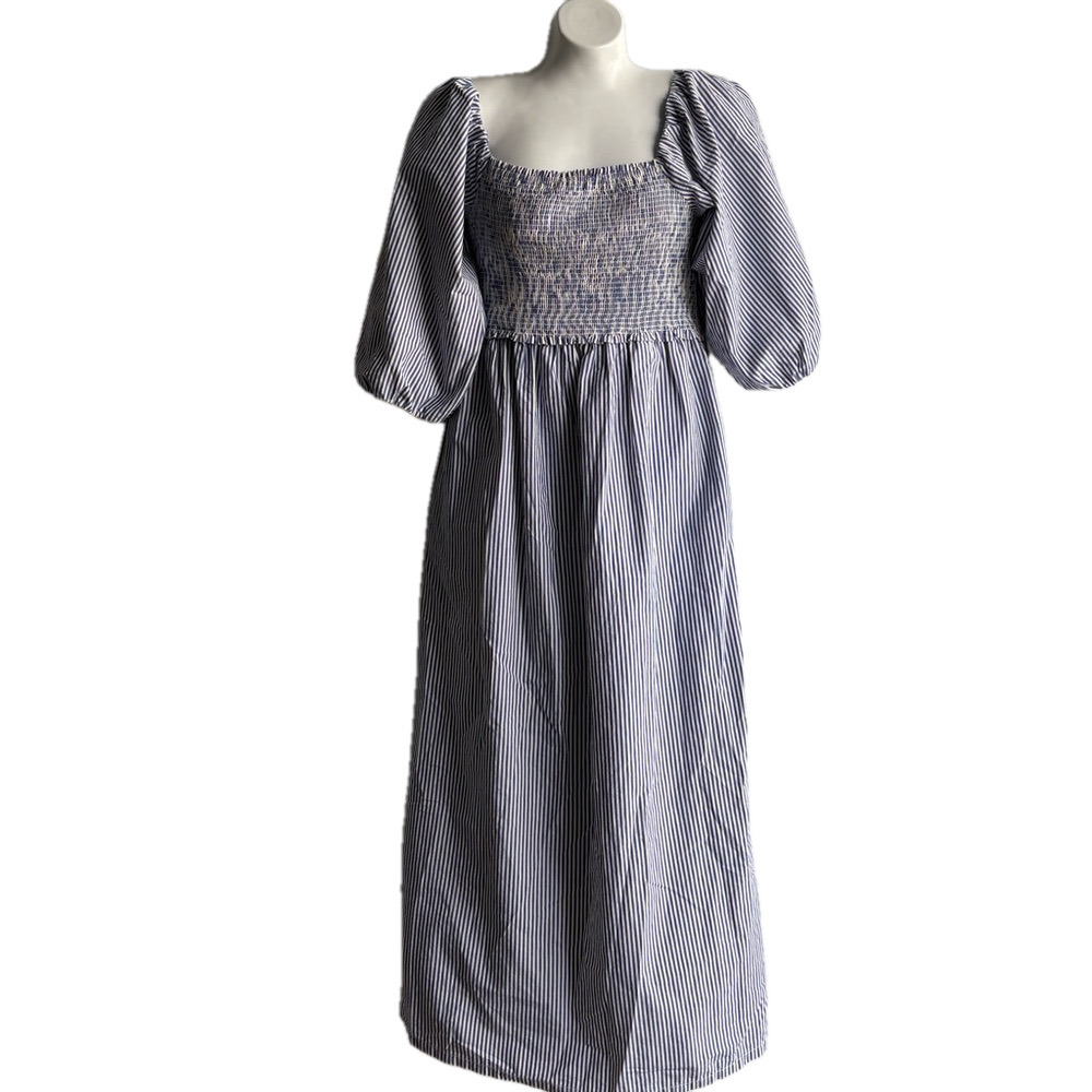 Free Assembly Striped Maxi Dress Peasant Smocked Top with Puff Sleeves Size M